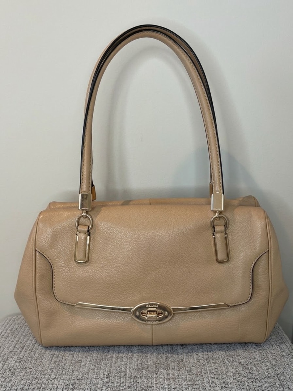 Coach Beige Pebbled leather Shoulder bag/ gold turn lock hardware